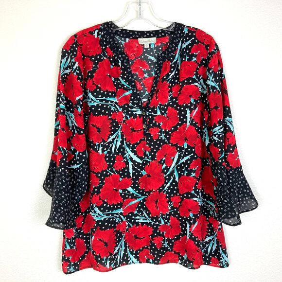 Chenault Women's Pullover V-Neck Top Size M Floral Bell Sleeves - Picture 1 of 8